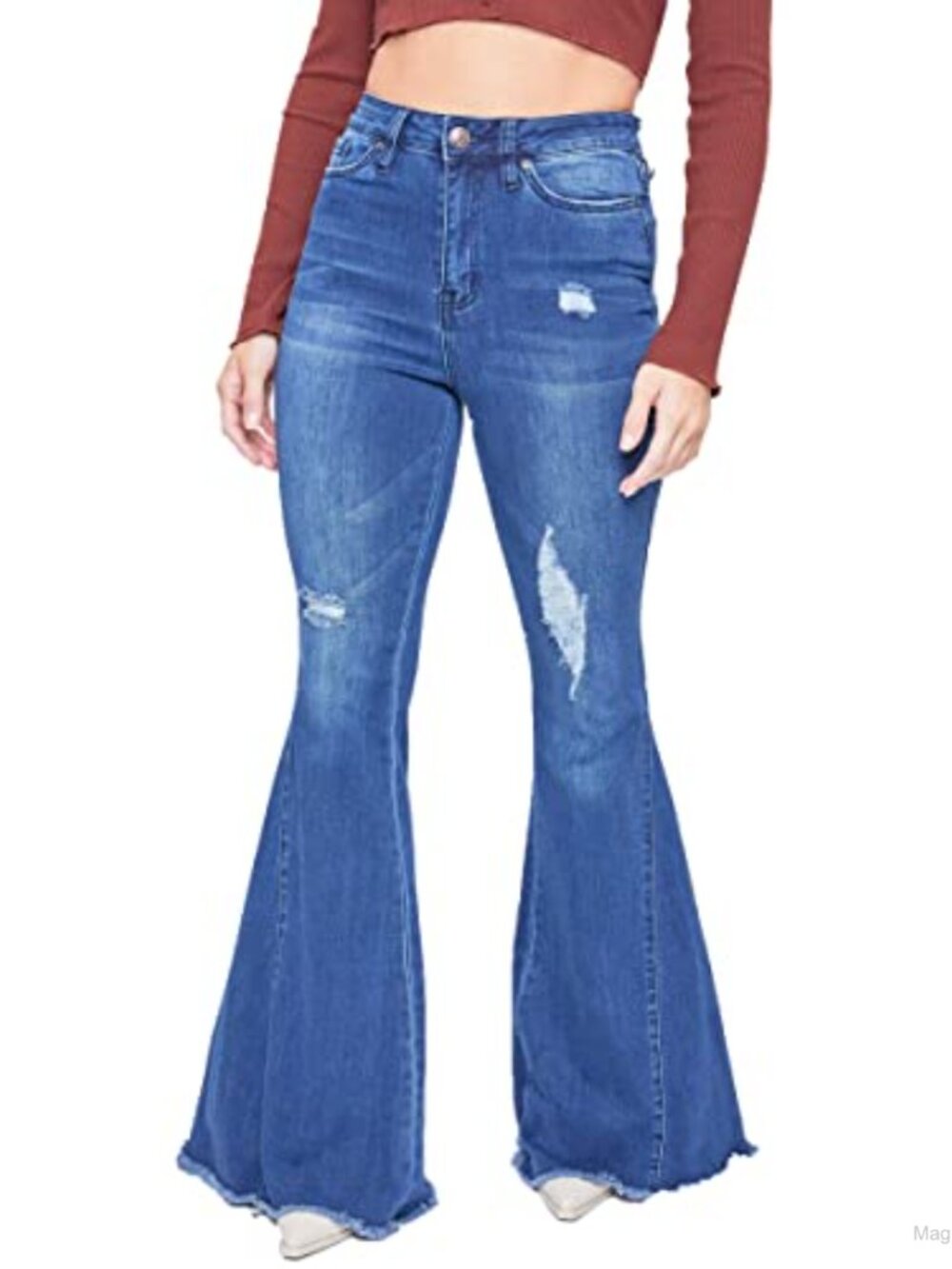 High-Rise Extreme Fit & Flare Jeans Stretchy Denim Frayed Hem